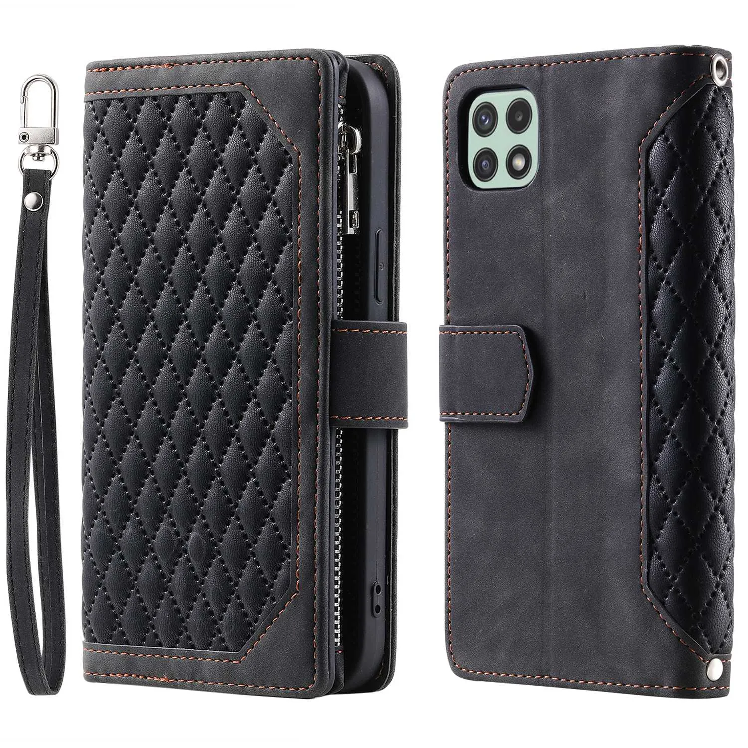 005 Phone Case Pouch for Samsung Galaxy A22 5G (EU Version), Anti-scratch Rhombus Grid Textured PU Leather Zipper Pocket Stand Wallet Phone Case with Multiple Card Slots and Handy Strap