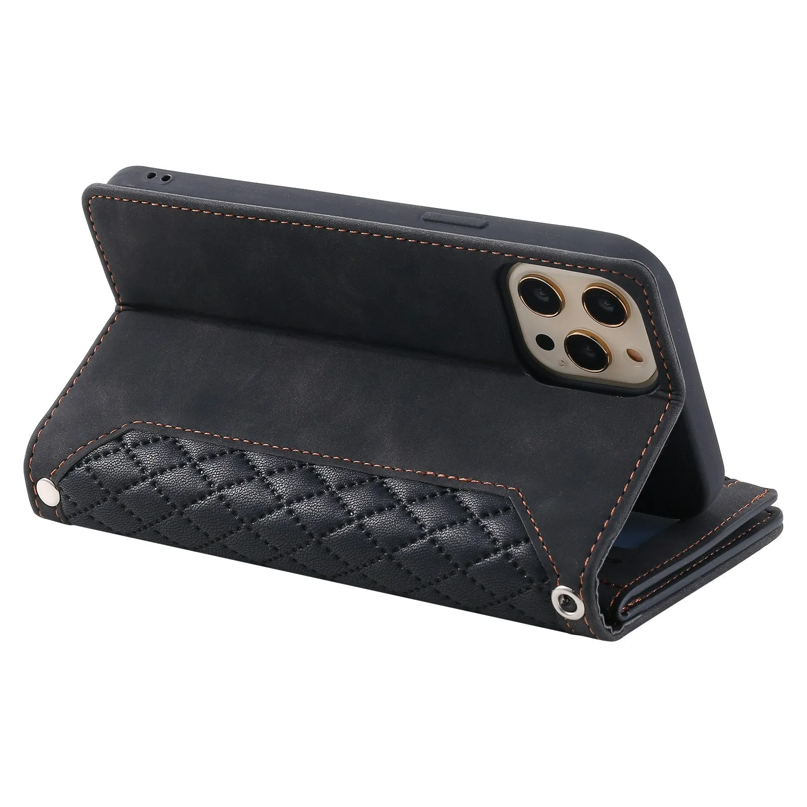 005 Style Anti-drop Phone Case For iPhone 13 Pro 6.1 inch, Scratch-resistant Mobile Phone Wallet Stand Cover Zipper Pocket Rhombus Texture PU Leather Shell with Strap Card Holder