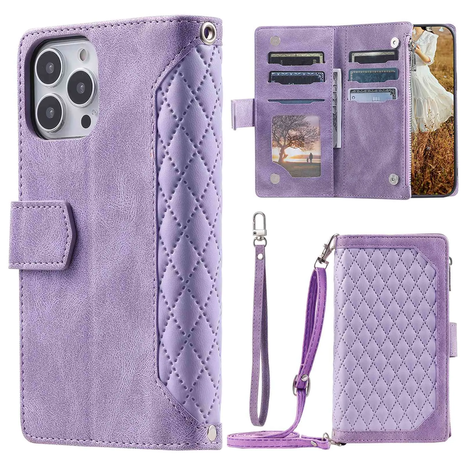 005 Style Anti-drop Phone Case For iPhone 13 Pro 6.1 inch, Scratch-resistant Mobile Phone Wallet Stand Cover Zipper Pocket Rhombus Texture PU Leather Shell with Strap Card Holder