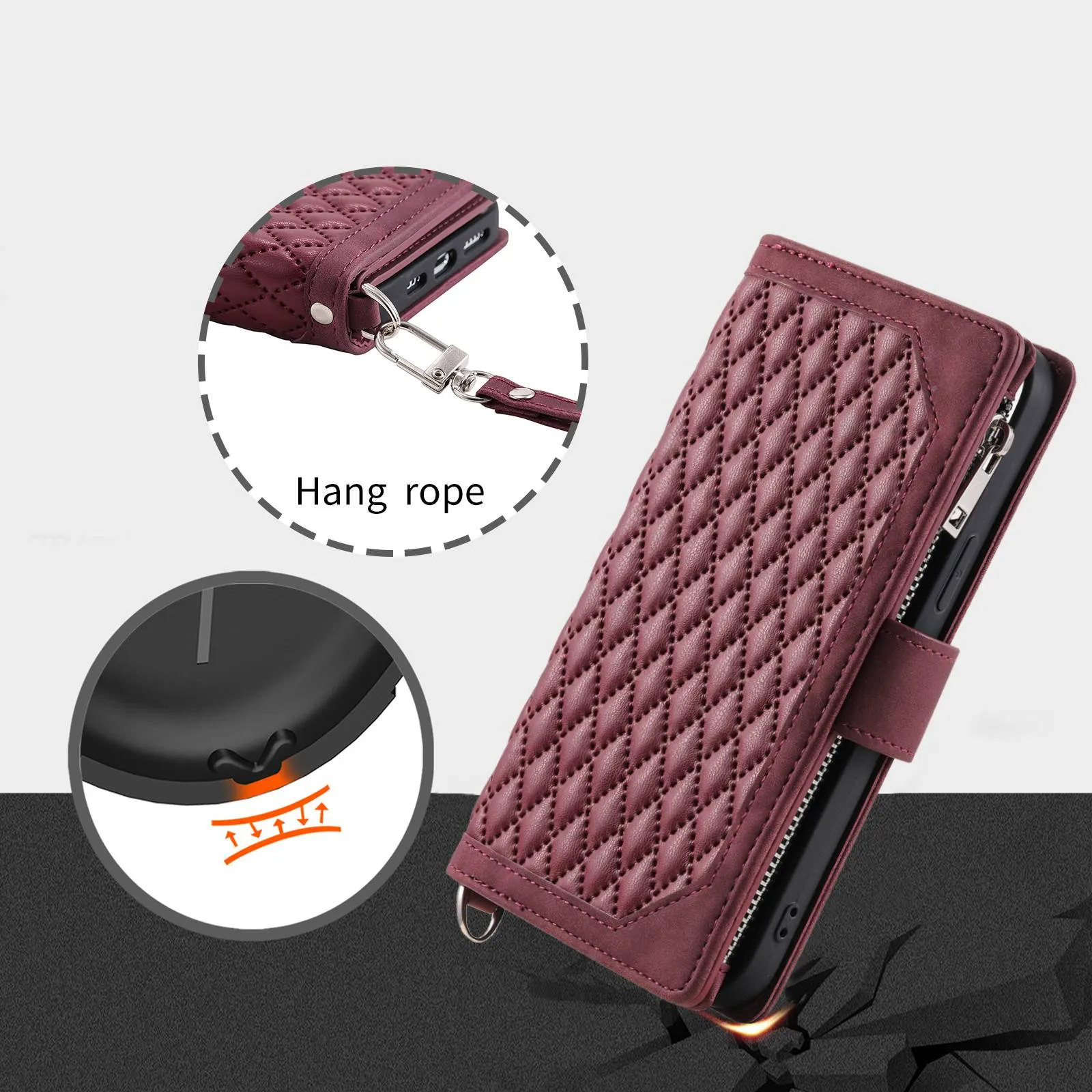 005 Style Anti-drop Phone Case For iPhone 13 Pro 6.1 inch, Scratch-resistant Mobile Phone Wallet Stand Cover Zipper Pocket Rhombus Texture PU Leather Shell with Strap Card Holder