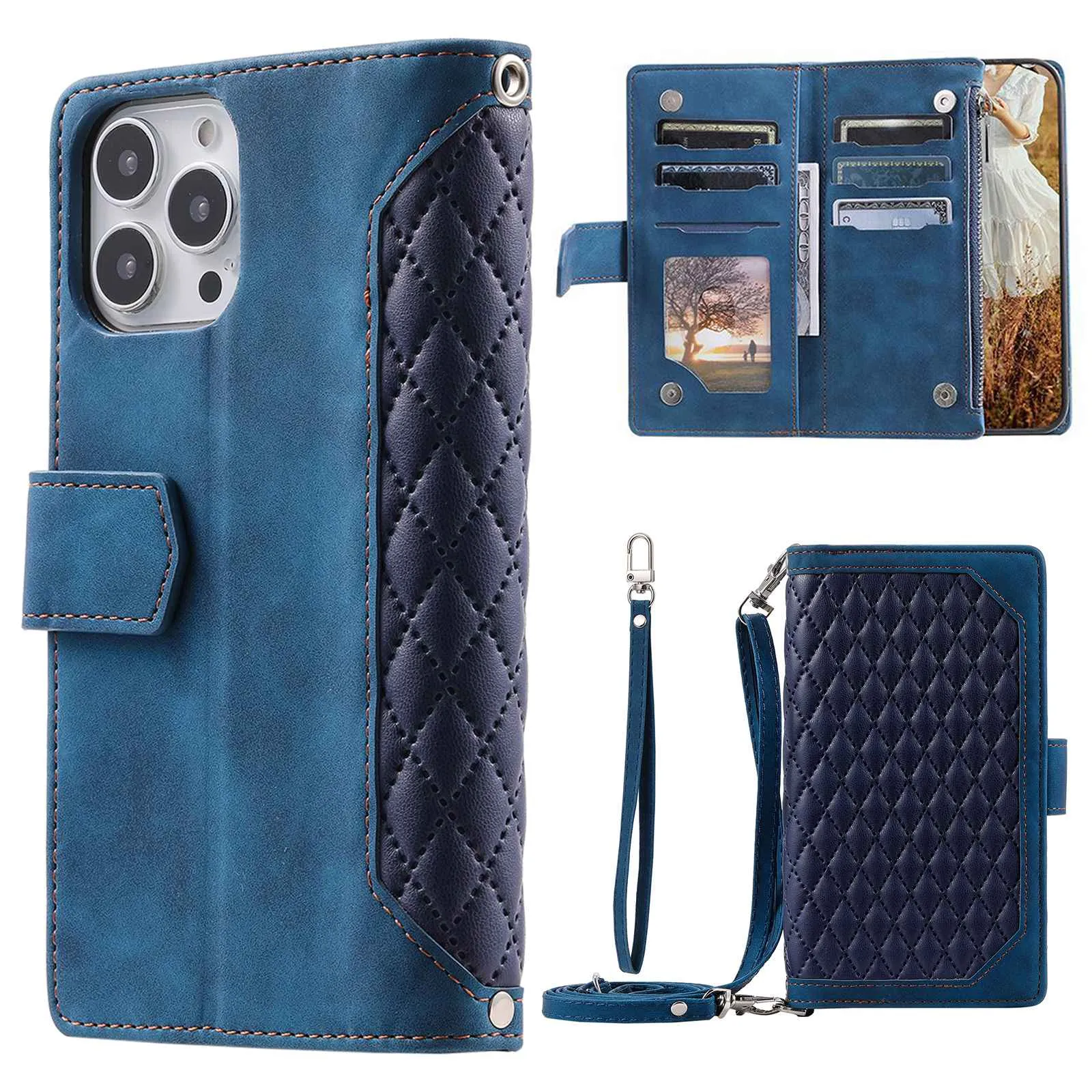 005 Style Anti-drop Phone Case For iPhone 13 Pro 6.1 inch, Scratch-resistant Mobile Phone Wallet Stand Cover Zipper Pocket Rhombus Texture PU Leather Shell with Strap Card Holder