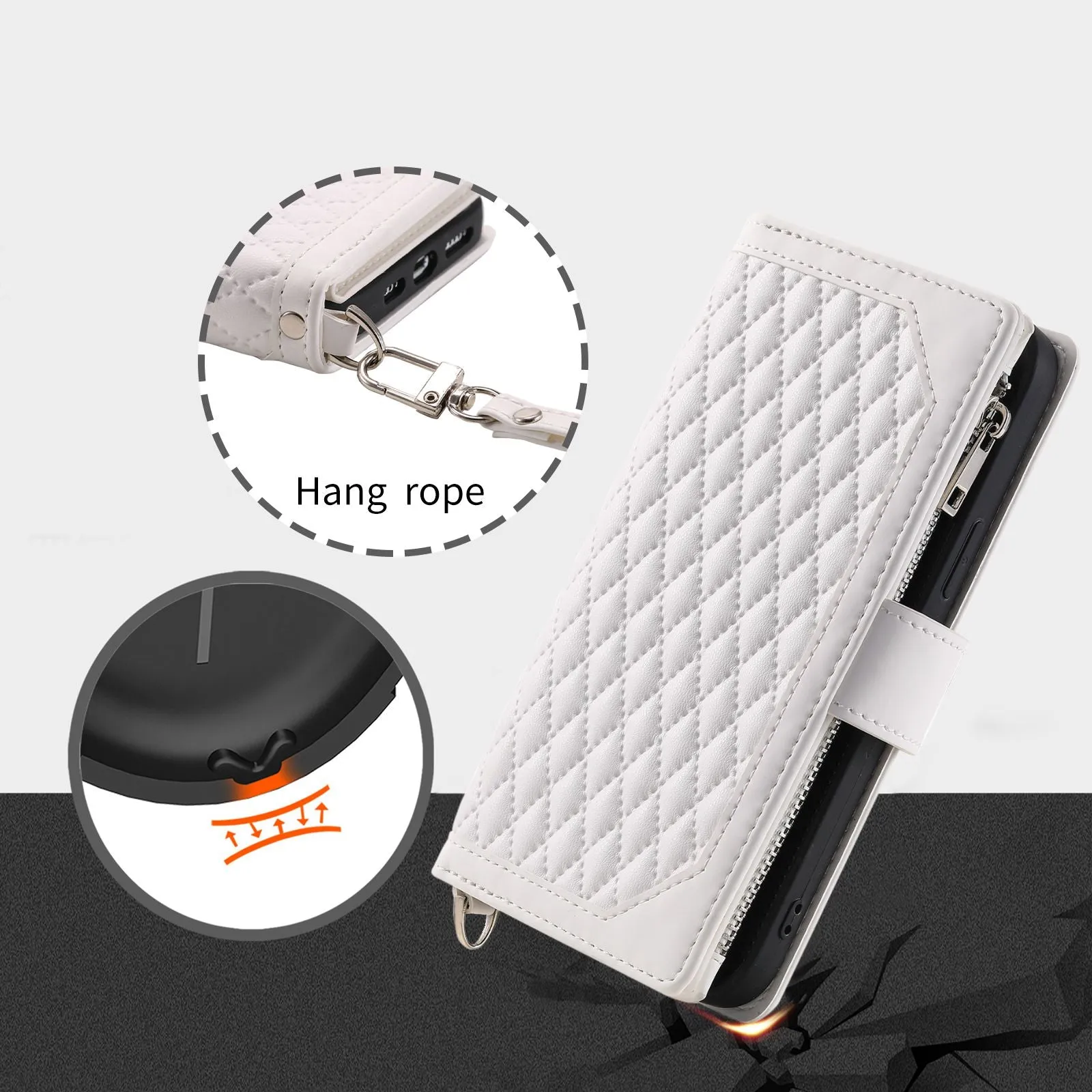 005 Style Anti-drop Phone Case For iPhone 13 Pro 6.1 inch, Scratch-resistant Mobile Phone Wallet Stand Cover Zipper Pocket Rhombus Texture PU Leather Shell with Strap Card Holder