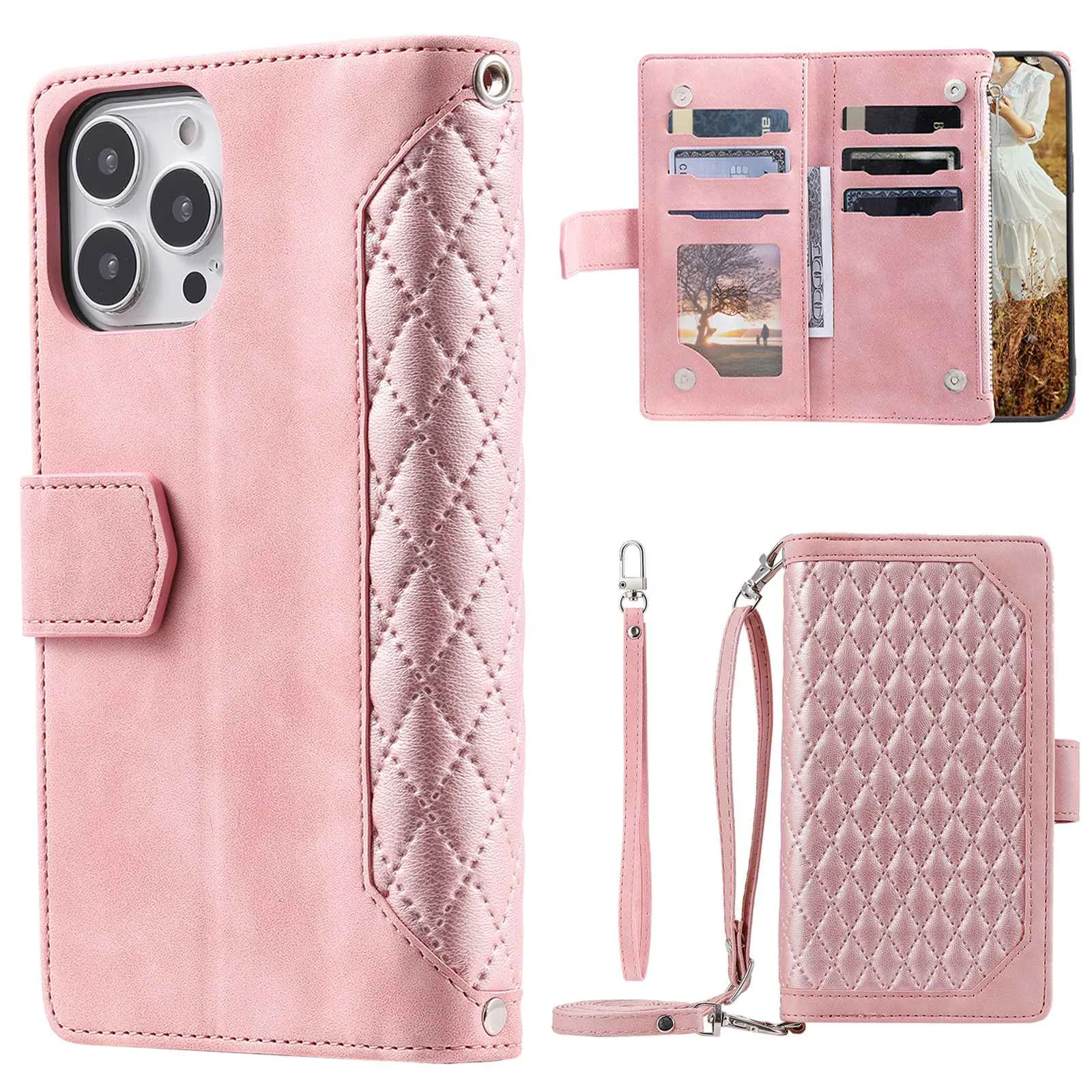 005 Style Anti-drop Phone Case For iPhone 13 Pro 6.1 inch, Scratch-resistant Mobile Phone Wallet Stand Cover Zipper Pocket Rhombus Texture PU Leather Shell with Strap Card Holder