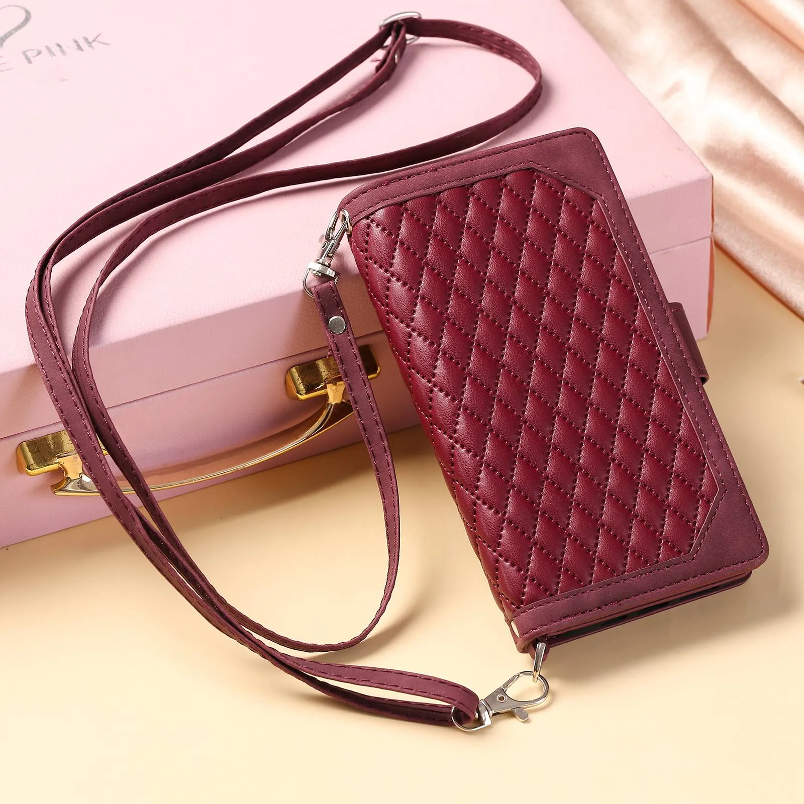 005 Style For Samsung Galaxy S22  5G, Anti-scratch Zipper Pocket Phone Cover Rhombus Texture PU Leather Wallet Case Stand with Strap