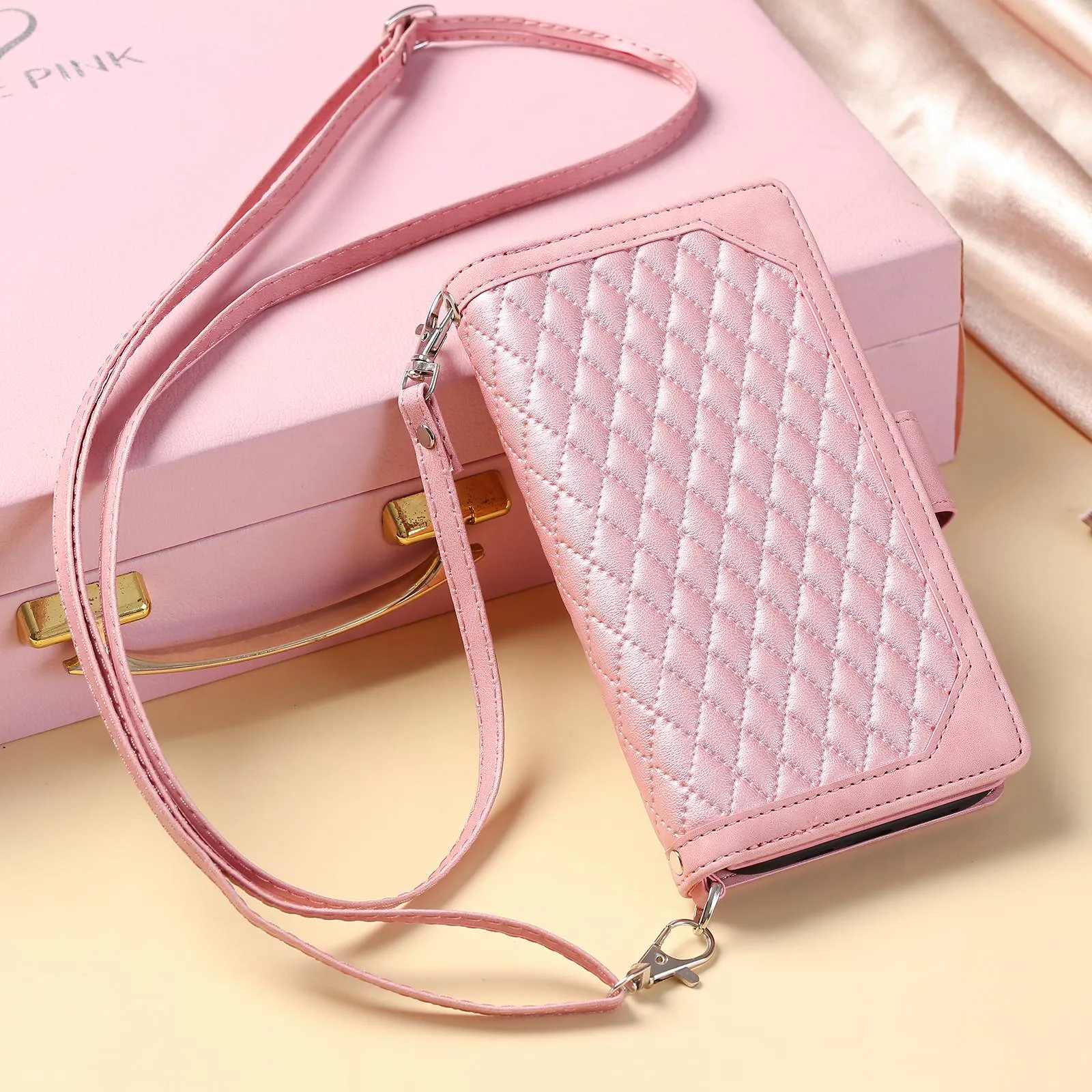 005 Style For Samsung Galaxy S22  5G, Anti-scratch Zipper Pocket Phone Cover Rhombus Texture PU Leather Wallet Case Stand with Strap