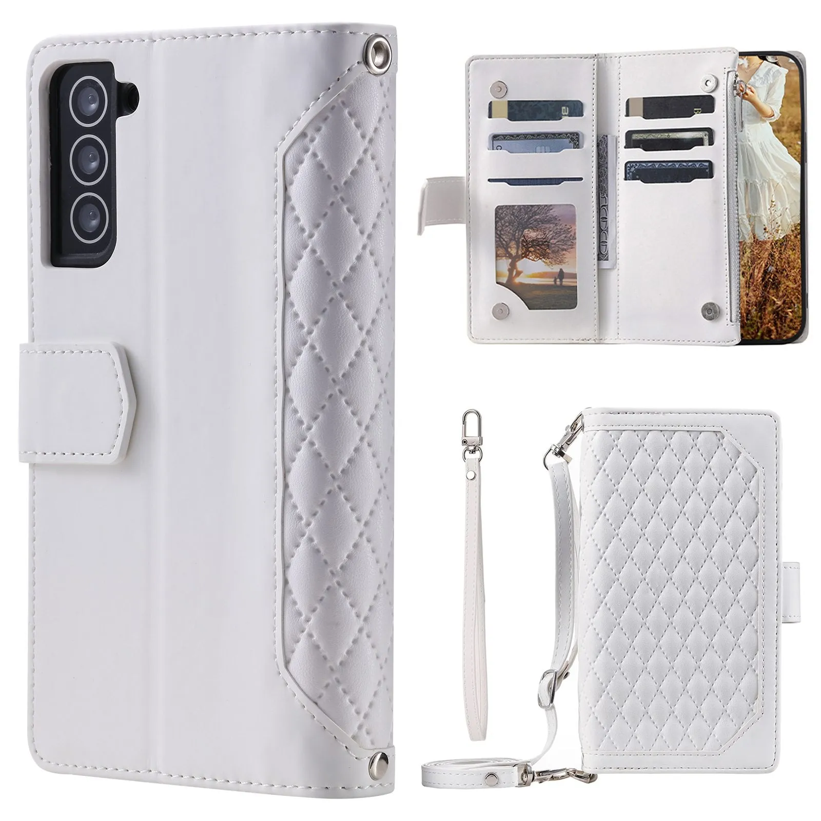 005 Style For Samsung Galaxy S22  5G, Anti-scratch Zipper Pocket Phone Cover Rhombus Texture PU Leather Wallet Case Stand with Strap