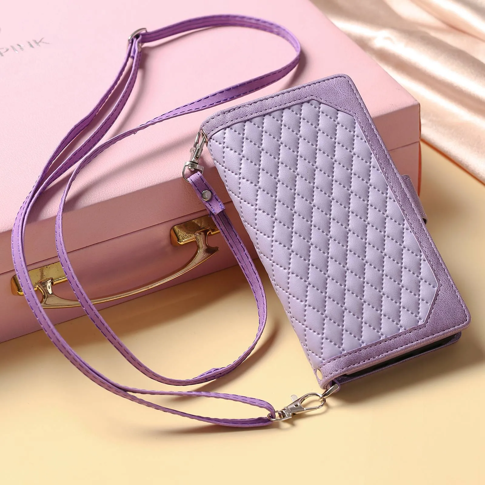 005 Style For Samsung Galaxy S22  5G, Anti-scratch Zipper Pocket Phone Cover Rhombus Texture PU Leather Wallet Case Stand with Strap