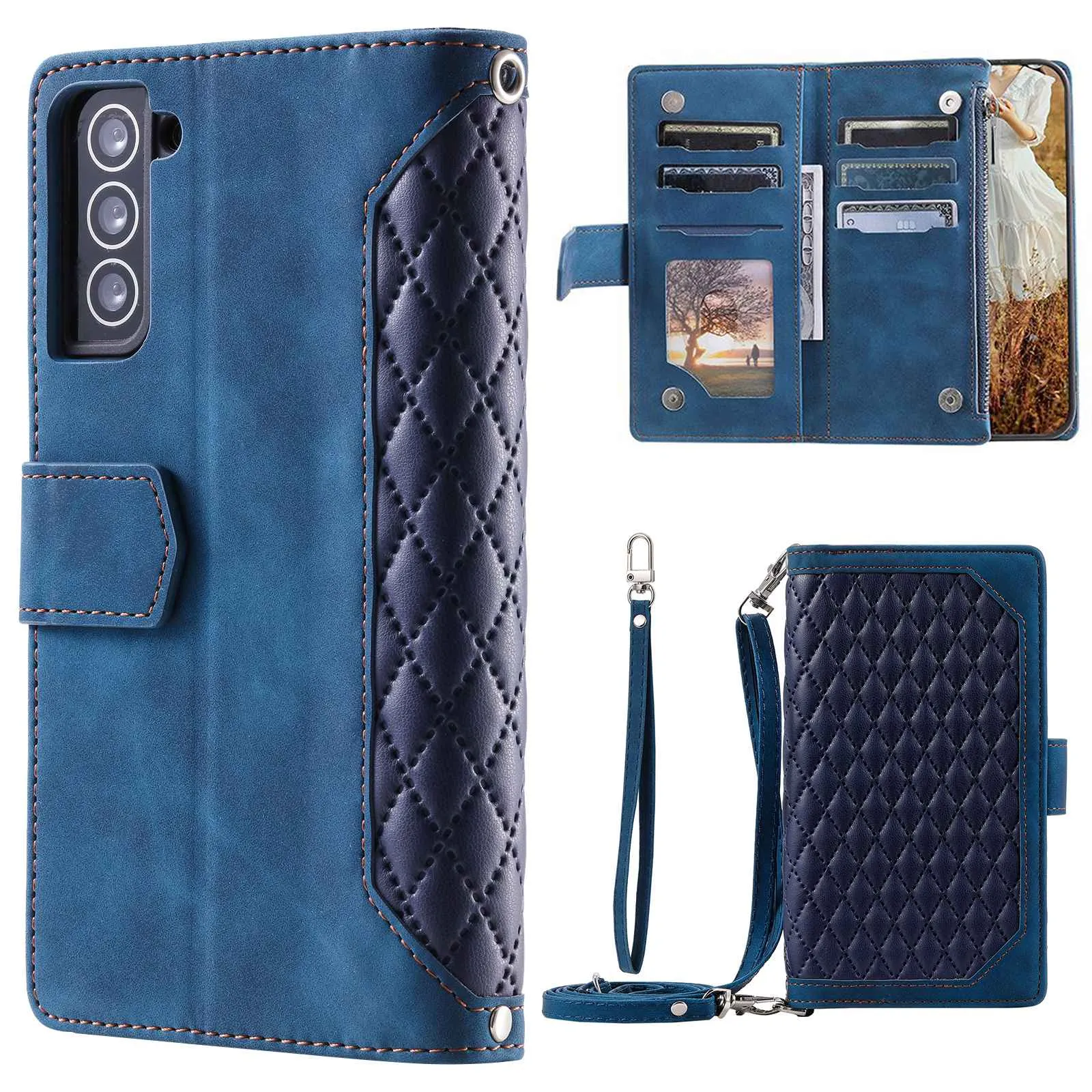 005 Style For Samsung Galaxy S22  5G, Anti-scratch Zipper Pocket Phone Cover Rhombus Texture PU Leather Wallet Case Stand with Strap