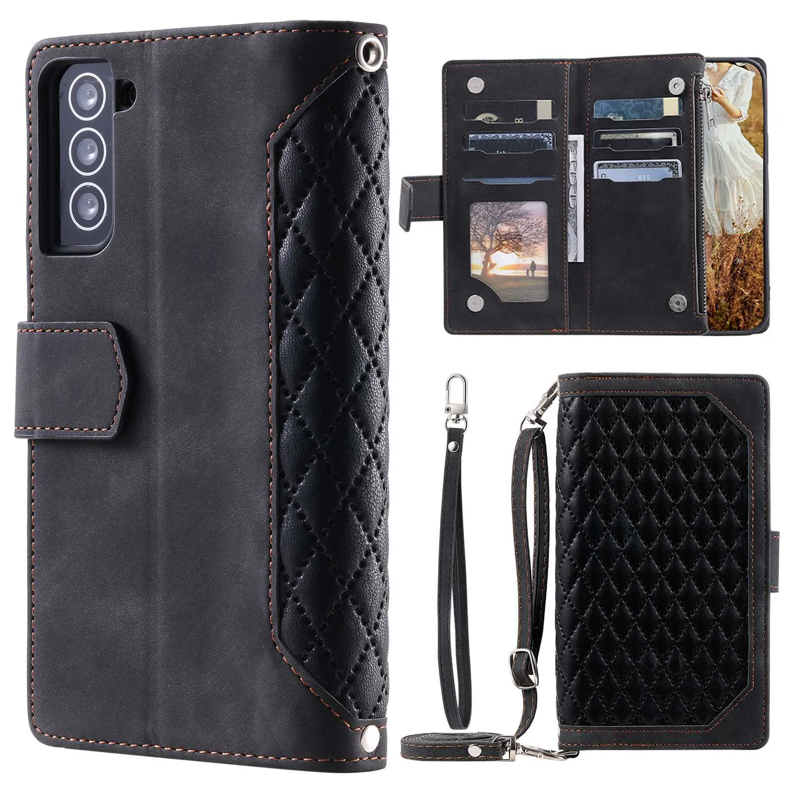 005 Style For Samsung Galaxy S22  5G, Anti-scratch Zipper Pocket Phone Cover Rhombus Texture PU Leather Wallet Case Stand with Strap