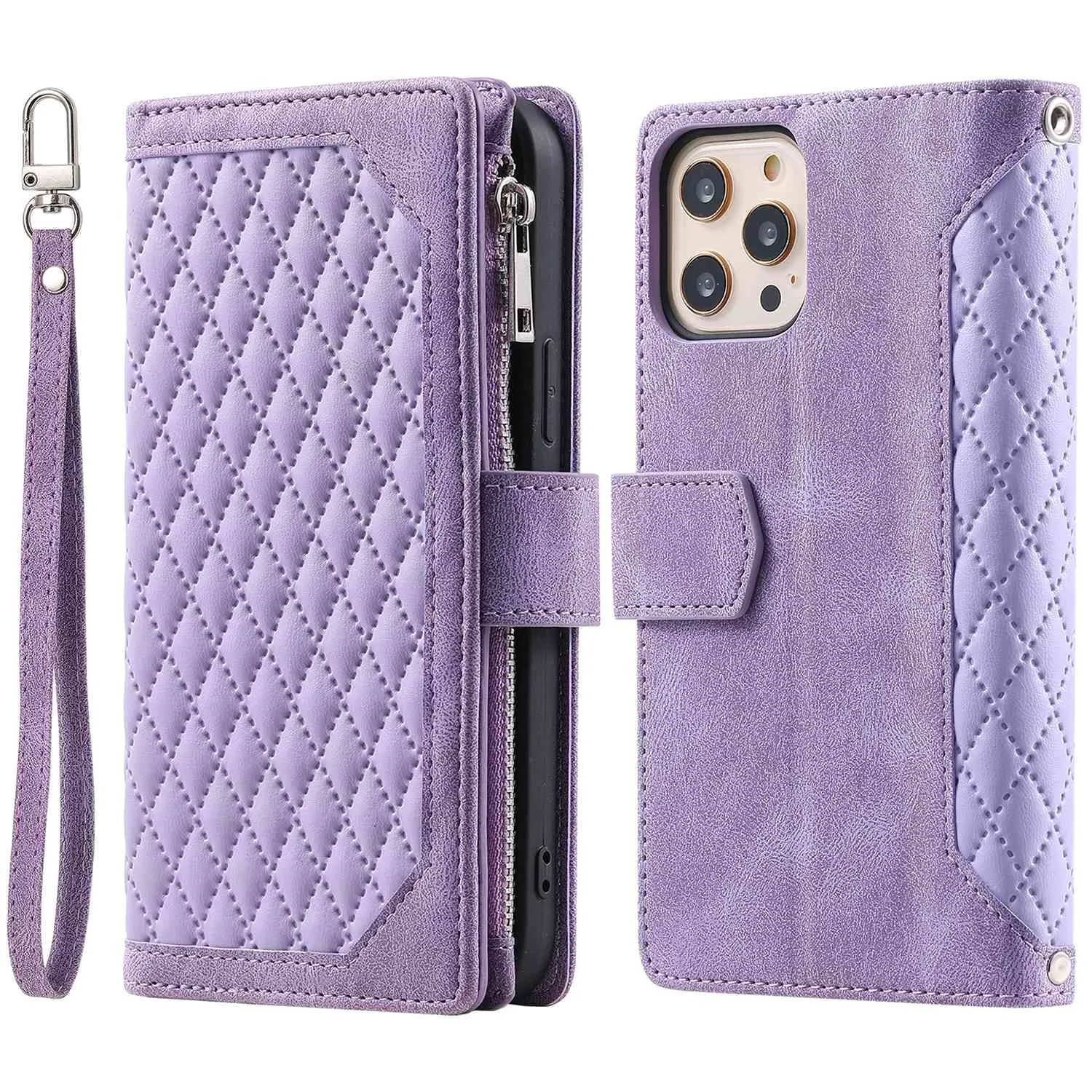 005 Style Zipper Pocket Phone Cover for iPhone 11 Pro 5.8 inch, Rhombus Texture PU Leather Stand Wallet Case with Wrist Strap