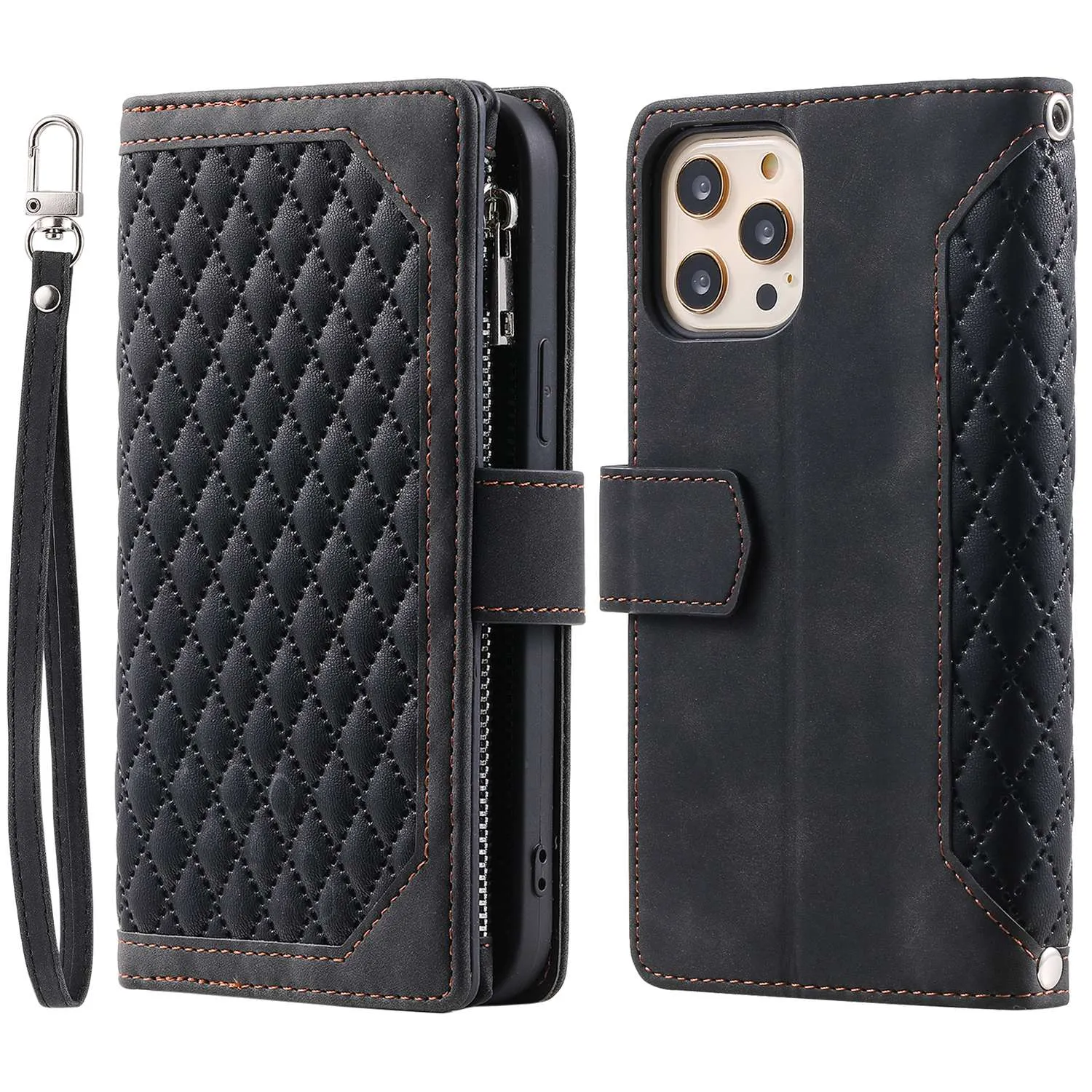 005 Style Zipper Pocket Phone Cover for iPhone 11 Pro 5.8 inch, Rhombus Texture PU Leather Stand Wallet Case with Wrist Strap