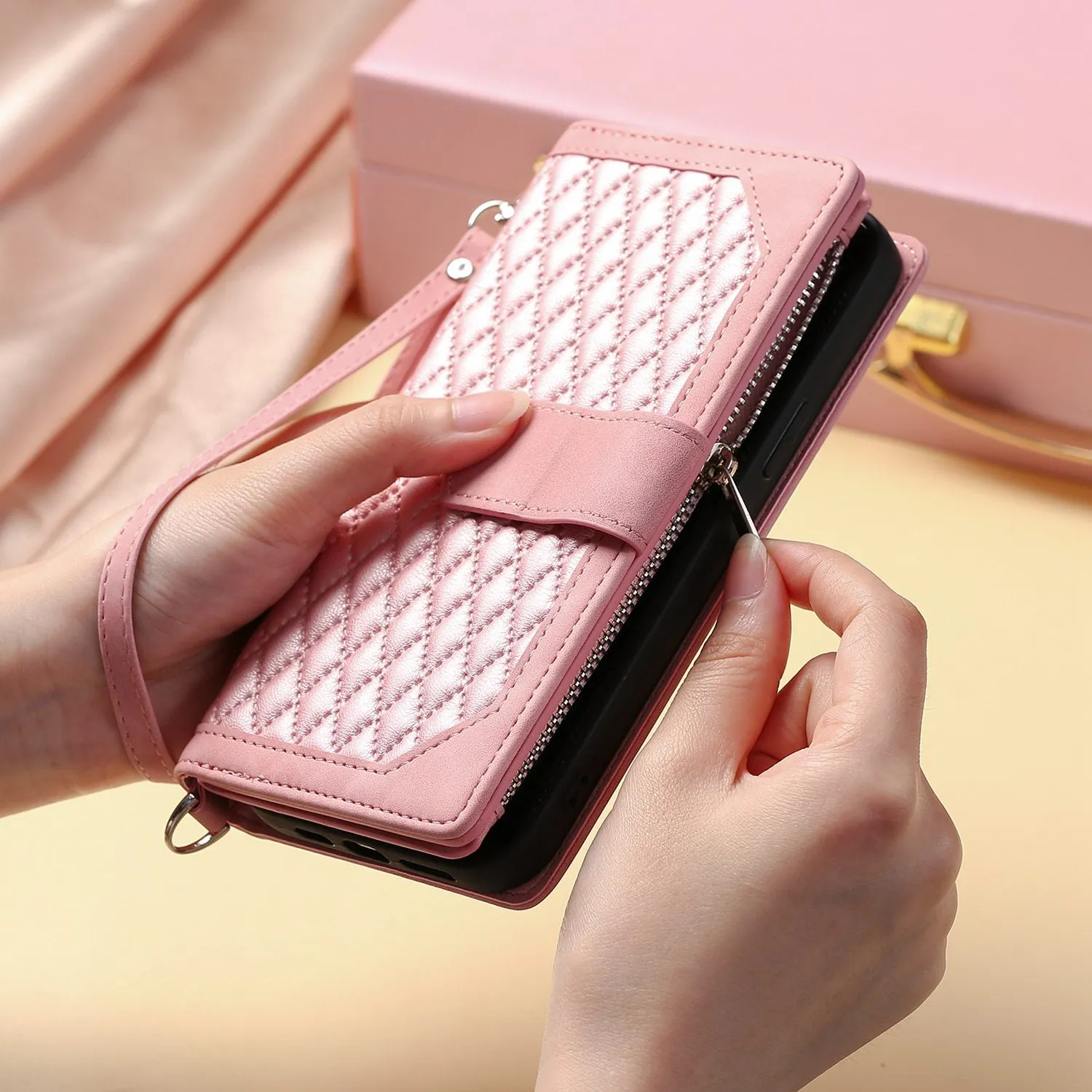 005 Style Zipper Pocket Phone Cover for iPhone 11 Pro 5.8 inch, Rhombus Texture PU Leather Stand Wallet Case with Wrist Strap