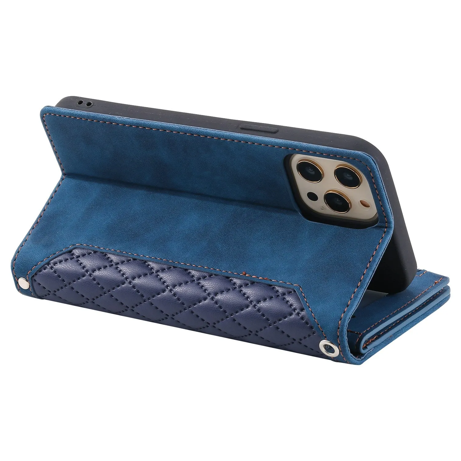 005 Style Zipper Pocket Phone Cover for iPhone 11 Pro 5.8 inch, Rhombus Texture PU Leather Stand Wallet Case with Wrist Strap