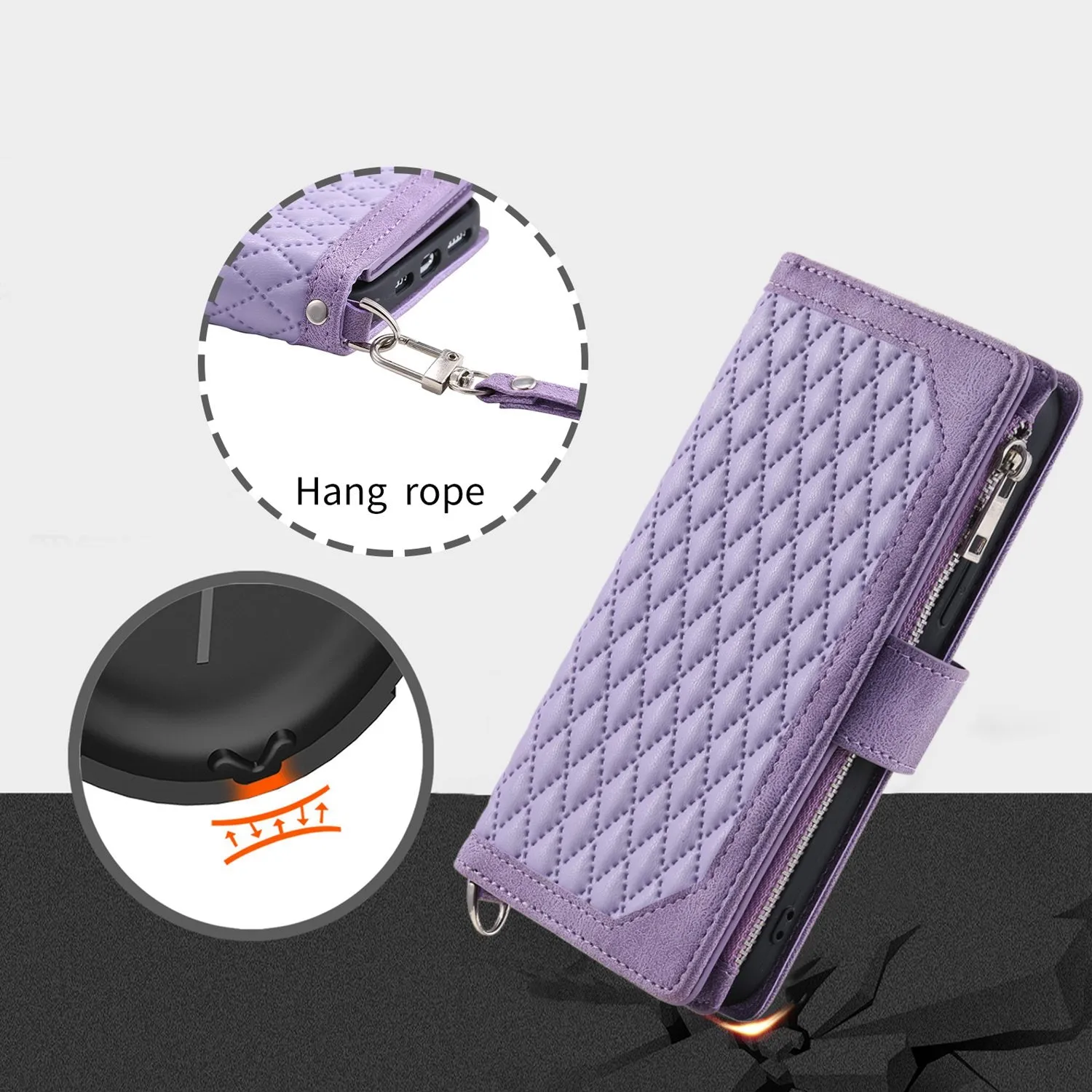 005 Style Zipper Pocket Phone Cover for iPhone 11 Pro 5.8 inch, Rhombus Texture PU Leather Stand Wallet Case with Wrist Strap