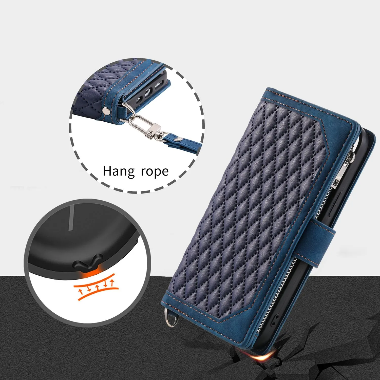 005 Style Zipper Pocket Phone Cover for iPhone 11 Pro 5.8 inch, Rhombus Texture PU Leather Stand Wallet Case with Wrist Strap