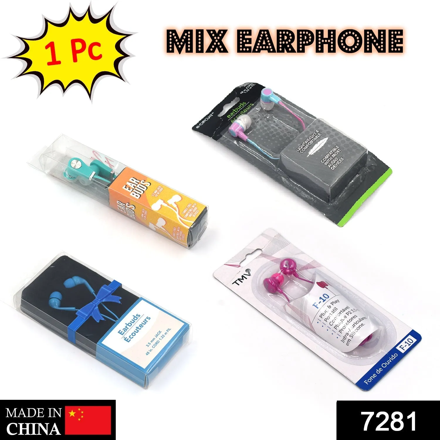 7281 Earphones with mix different colors and various shapes and designs ( 1 pc)