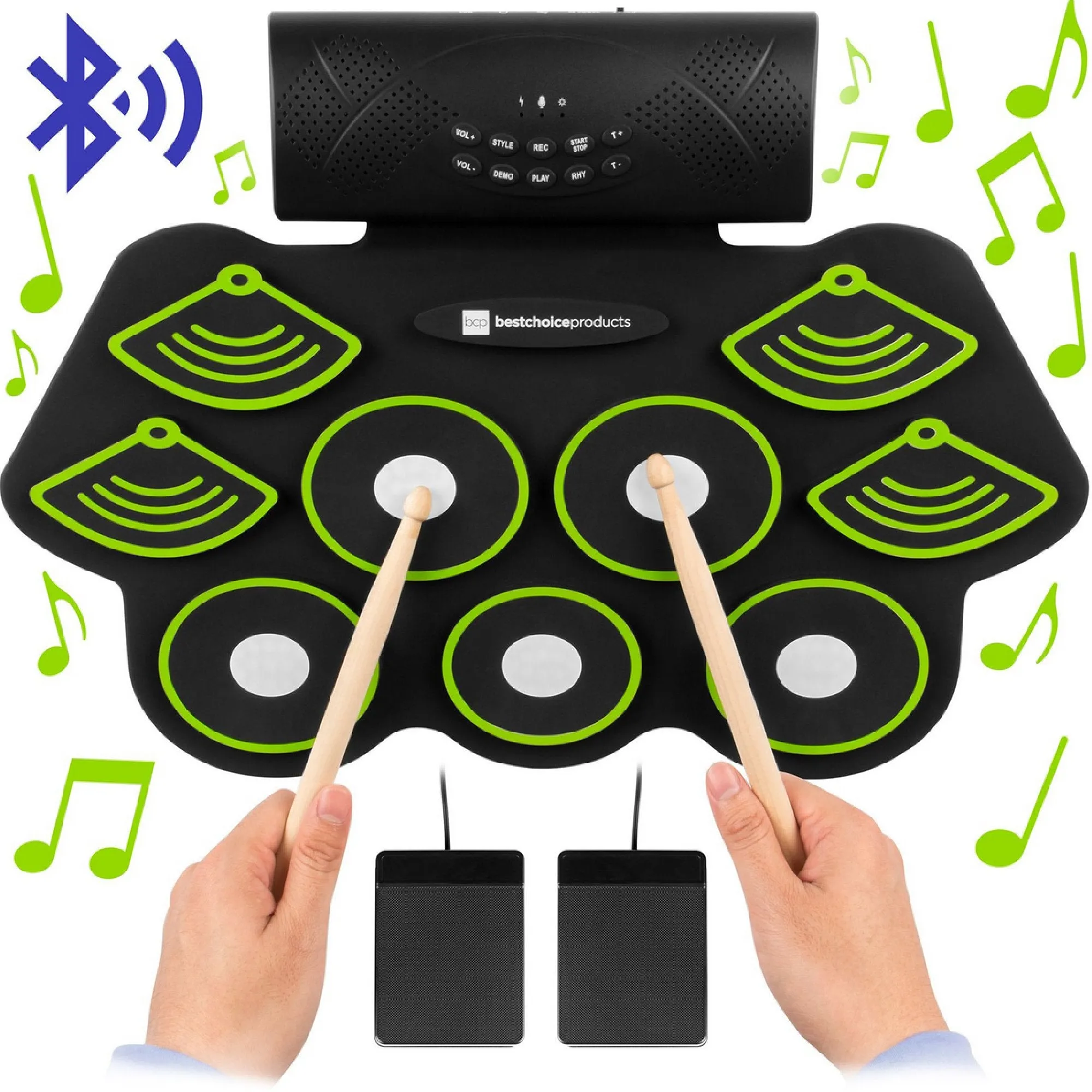 9 Pad Roll Up Bluetooth Electric Drum Set w/ Headphone Jack, Speaker, Pedal