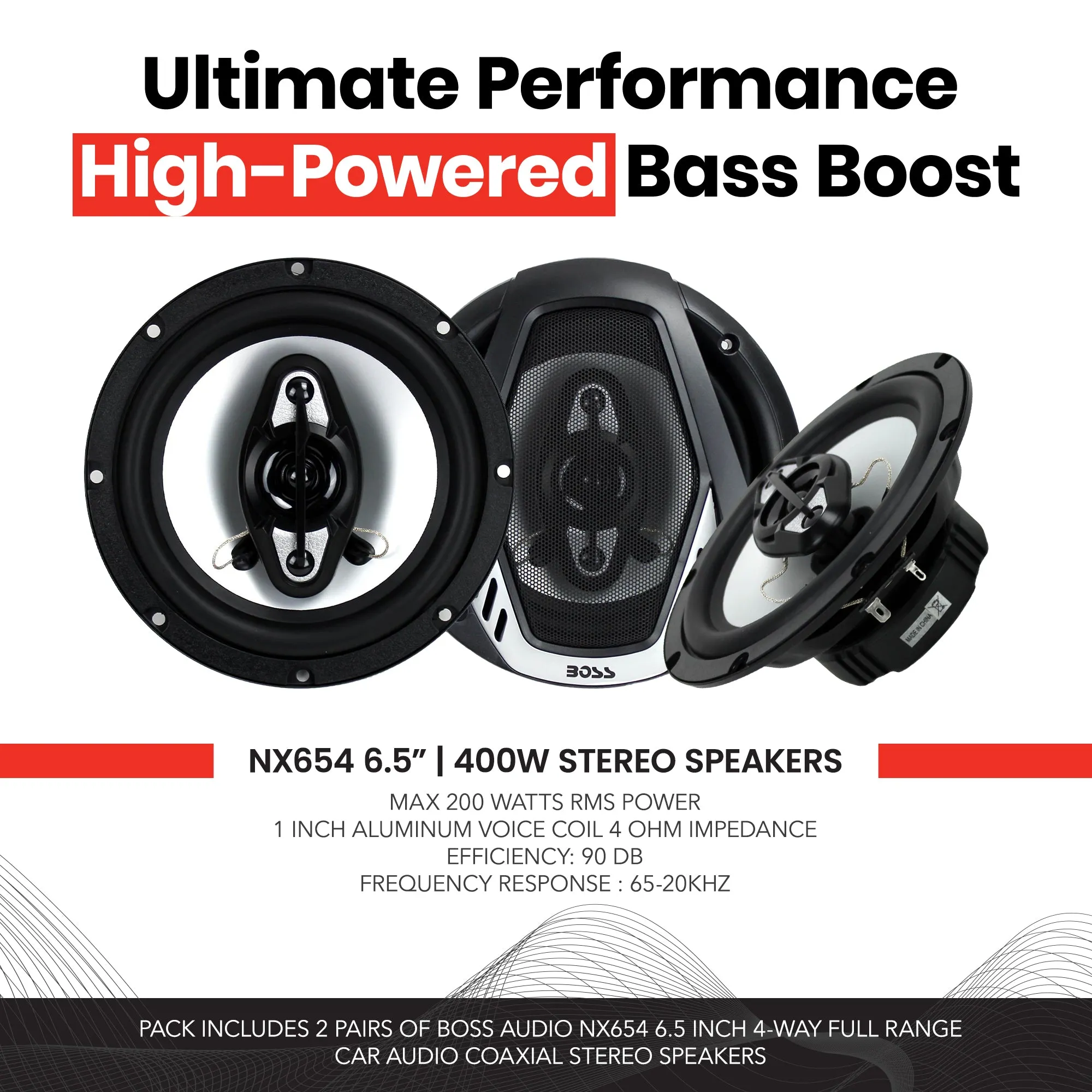 BOSS Audio NX654 Onyx 6.5" 400W 4-Way Car Audio Coaxial Stereo Speakers, 2 Pair