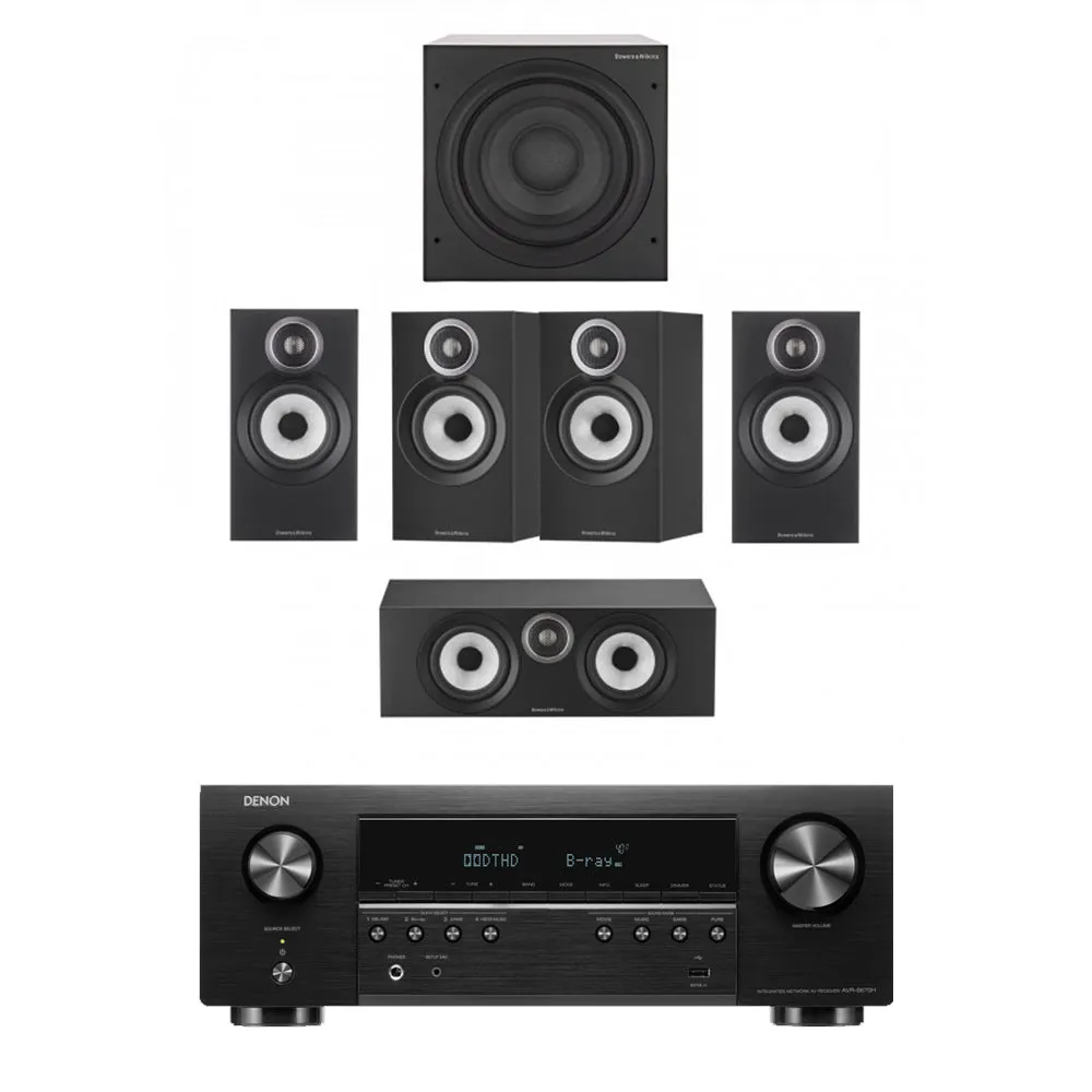 Denon AVRS670H 5.2 Ch 8K AV Receiver with Bowers and Wilkins 607 S3 5.1 Surround Sound Speaker Package Black