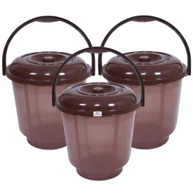 Heart Home Colorful Homeware Bucket| Plastic Bucket|Transparent Bucket with Lid & Handle for Bathroom,Home Use,13 Litre,Pack of 3 (Brown)