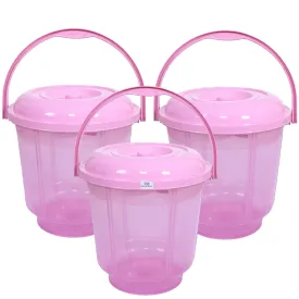 Heart Home Colorful Homeware Bucket| Plastic Bucket|Transparent Bucket with Lid & Handle for Bathroom,Home Use,13 Litre,Pack of 3 (Pink)