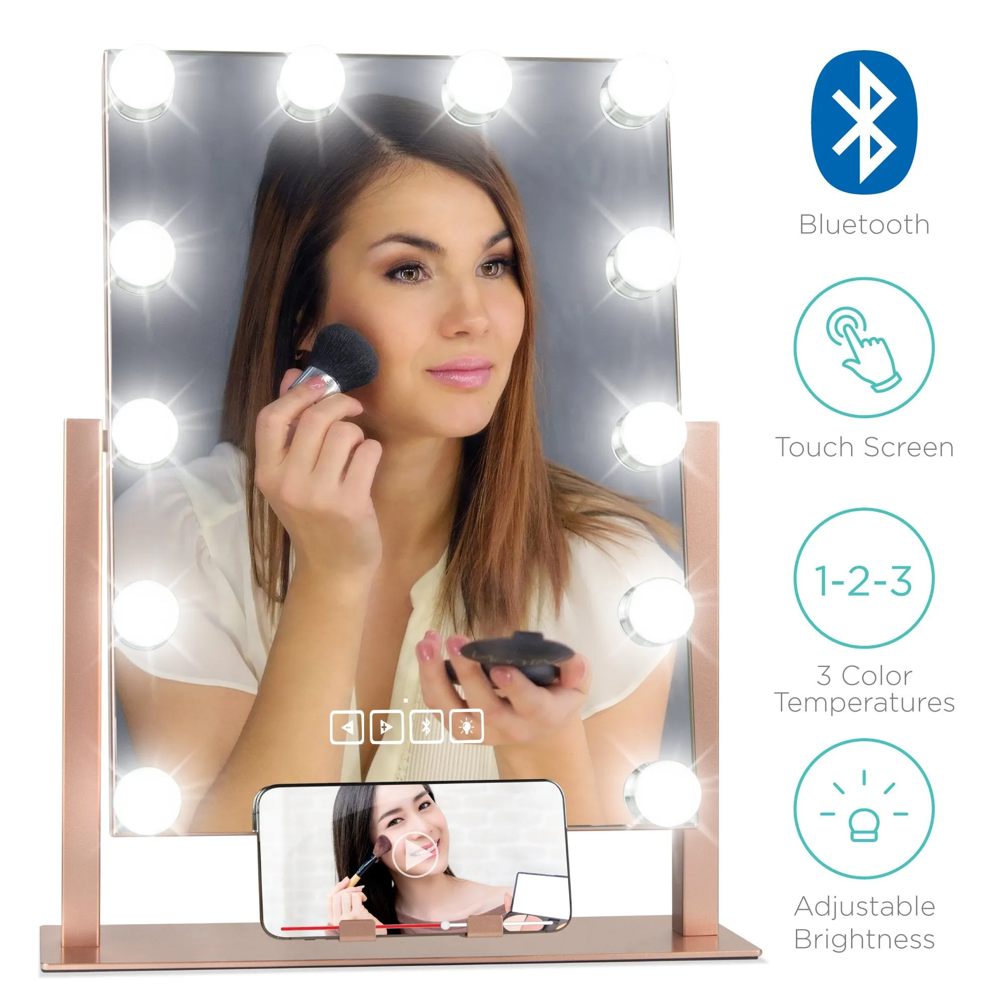 Hollywood Vanity Mirror w/ Bluetooth Speakers, 3 Color Temps, Phone Stand