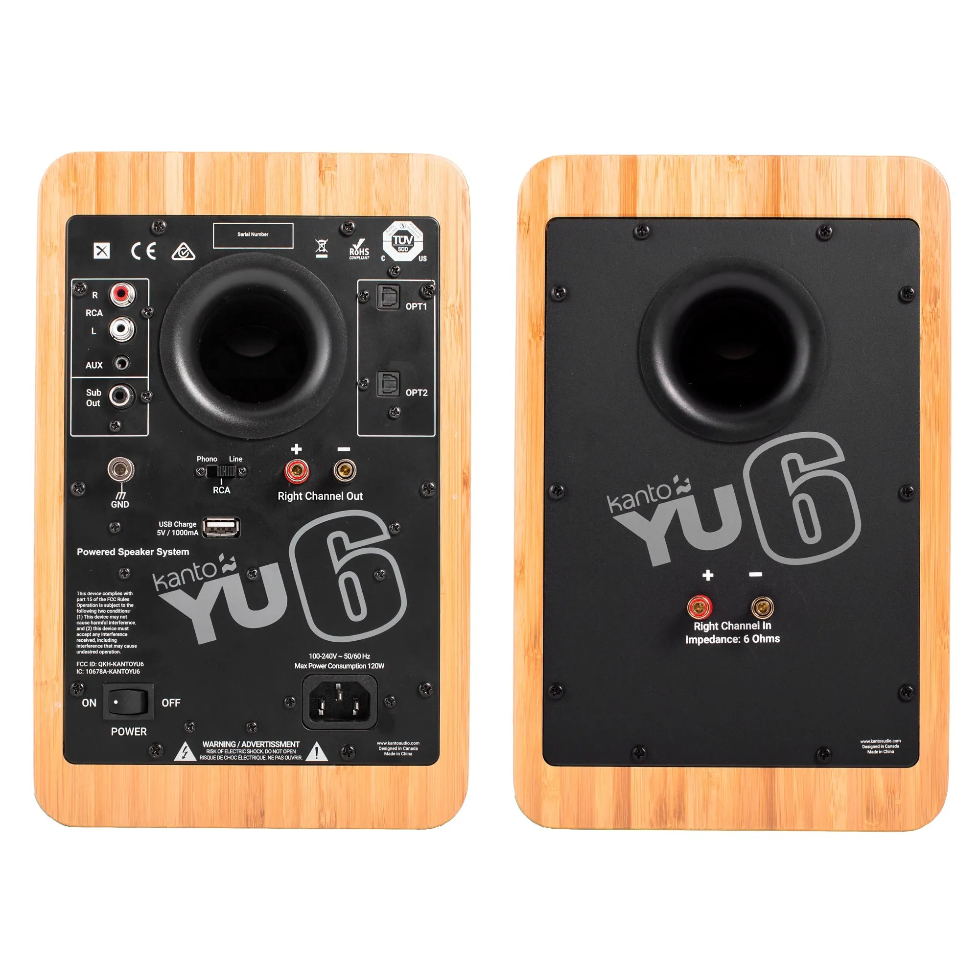 Kanto YU6 200W Powered Bookshelf Speakers with Bluetooth and Phono Preamp - Pair, Bamboo with SE6 Black Stand Bundle