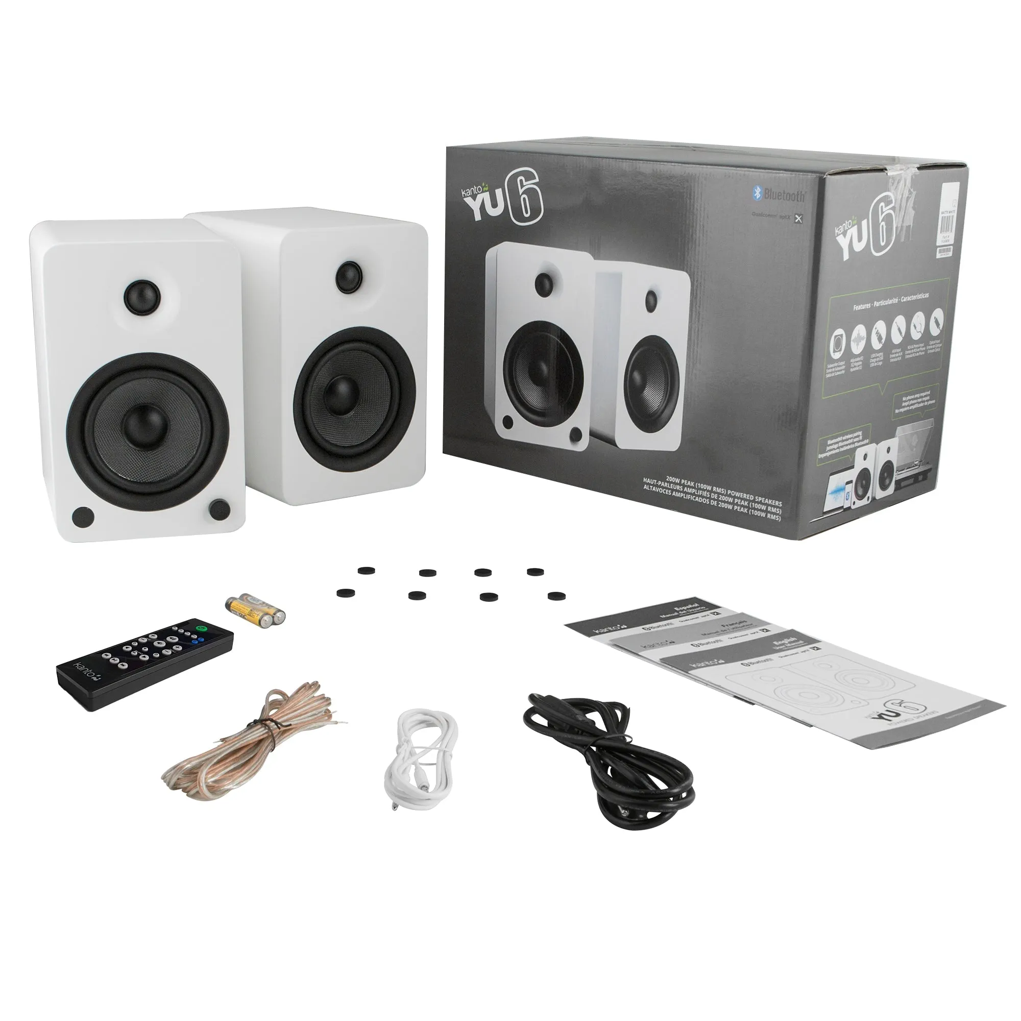 Kanto YU6 200W Powered Bookshelf Speakers with Bluetooth and Phono Preamp - Pair, Matte White with SE6W White Stand Bundle