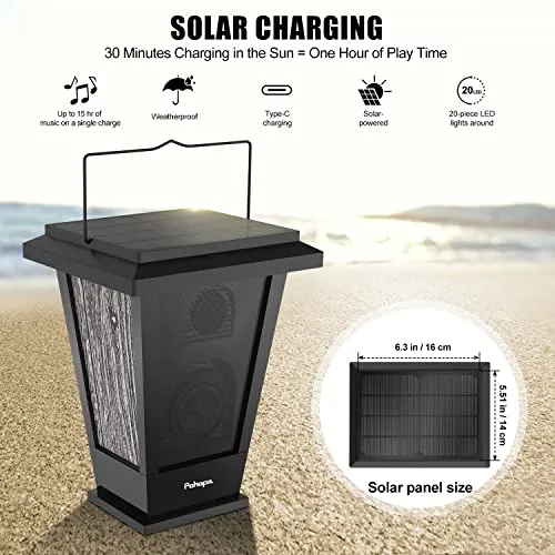 pohopa Bluetooth Speakers Waterproof, Solar Powered 2 Packs True Wireless Stereo Sound 20W Speakers Dual Pairing Lantern Indoor Outdoor Speakers with 20 Piece LED Lights, Richer Bass, Black