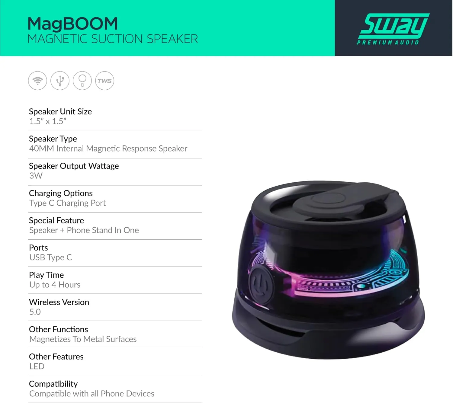 Sway - Magboom Led Magnetic Bluetooth Speaker (4 Pack) - Black