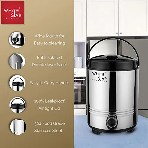 WHITESTAR Stainless Steel Water Dispenser for Office Home Kitchen, 8 Liters of Water Storage Containers with Leak Proof Tap I Easy to Carry Handle I Hot and Cold Water Jug with PUF Insulation