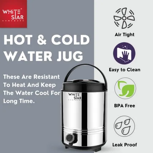 WHITESTAR Stainless Steel Water Dispenser for Office Home Kitchen, 8 Liters of Water Storage Containers with Leak Proof Tap I Easy to Carry Handle I Hot and Cold Water Jug with PUF Insulation